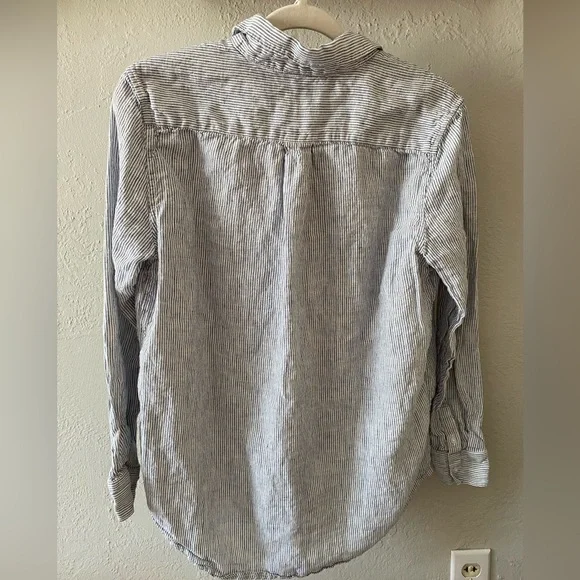 Quince Blue Pinstripe 100% European Linen Buttoned Top Classic Business Spring M - Picture 7 of 10